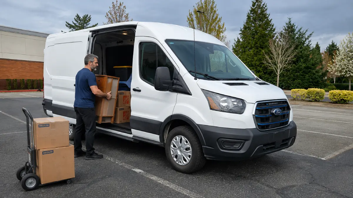 Avant Driver loading furniture into a white electric cargo van in Vancouver WA