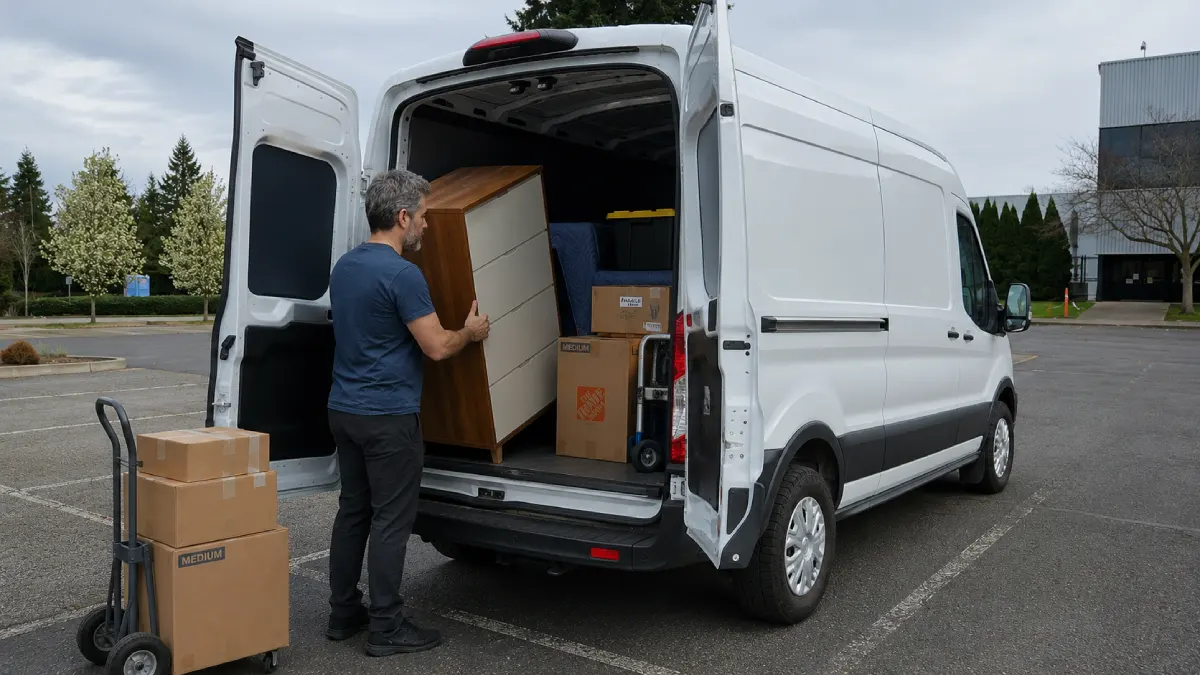 Avant Driver cargo van with boxes and hand truck for local delivery support